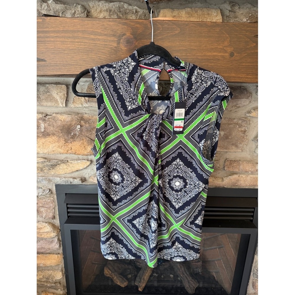 Tommy Hilfiger Sleeveless Printed Tie-Neck Top Navy Lime L